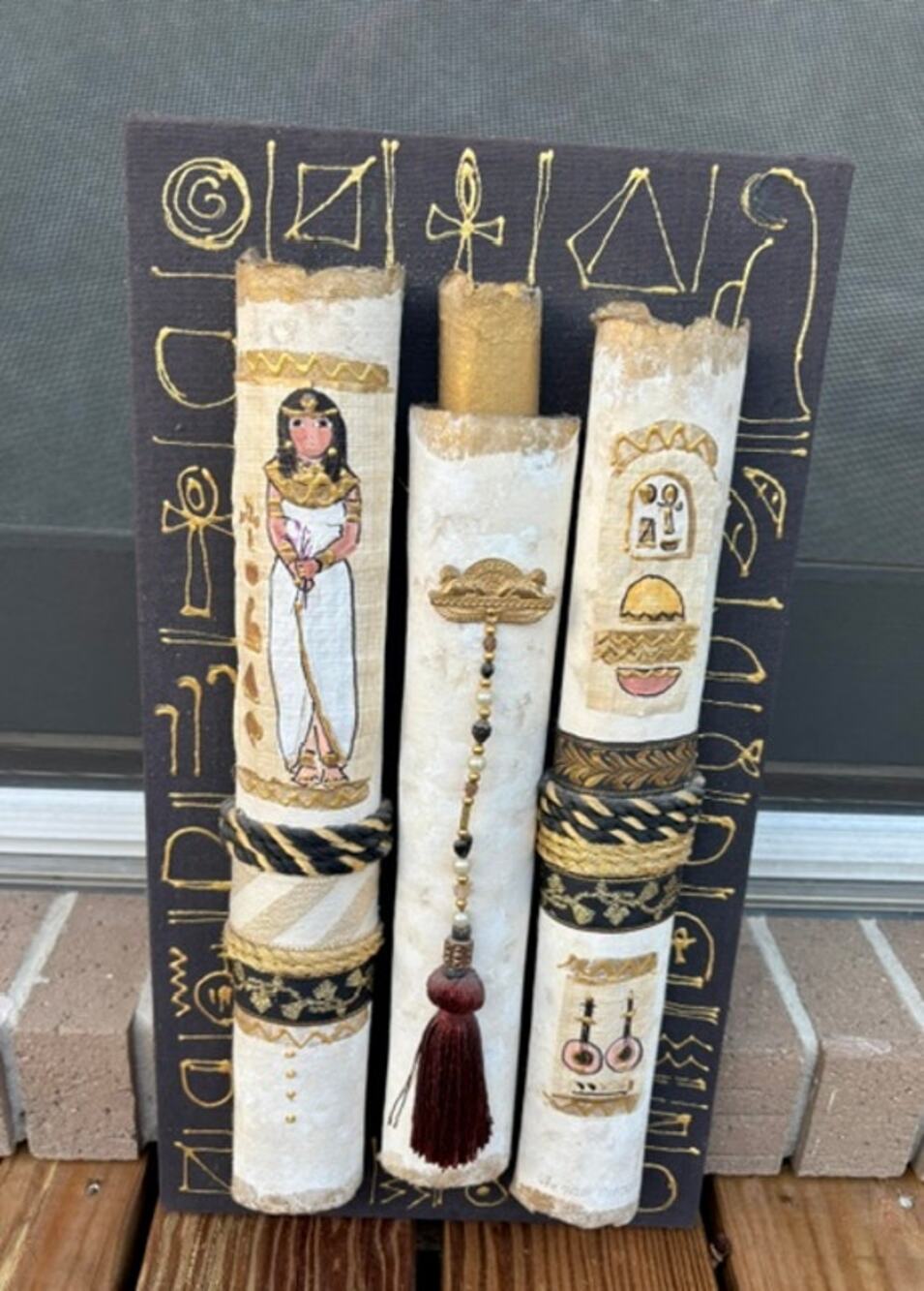 Egyptian Papyrus Custom Made Vintage Wall Art 20" x 12" $200 Black White Gold